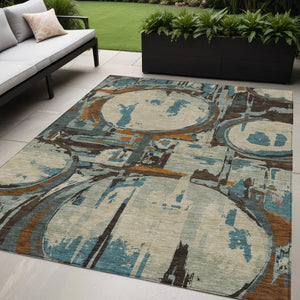 Homeroots 3' Beige Brown And Copper Geometric Washable Indoor Outdoor Area Rug For Versatile Spaces 5' X 8' Polyester 589369