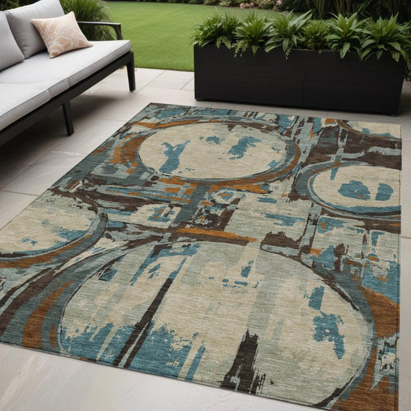 Homeroots 3' Beige Brown And Copper Geometric Washable Indoor Outdoor Area Rug For Versatile Spaces 5' X 8' Polyester 589369