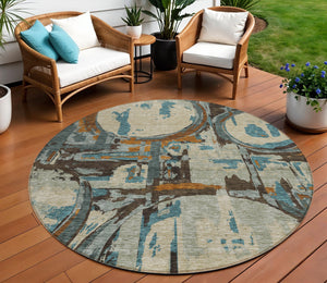 Homeroots 3' Beige Brown And Copper Geometric Washable Indoor Outdoor Area Rug For Versatile Spaces 8' Round Polyester 589370