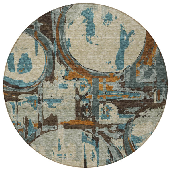 Homeroots 3' Beige Brown And Copper Geometric Washable Indoor Outdoor Area Rug For Versatile Spaces 8' Round Polyester 589370