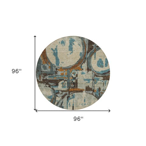 Homeroots 3' Beige Brown And Copper Geometric Washable Indoor Outdoor Area Rug For Versatile Spaces 8' Round Polyester 589370