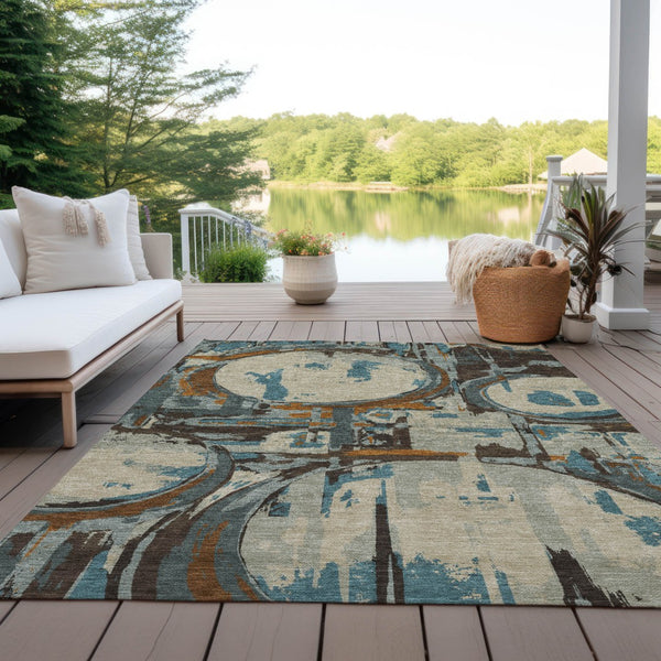 Homeroots 3' Beige Brown And Copper Geometric Washable Indoor Outdoor Area Rug For Versatile Spaces 10' X 14' Polyester 589373