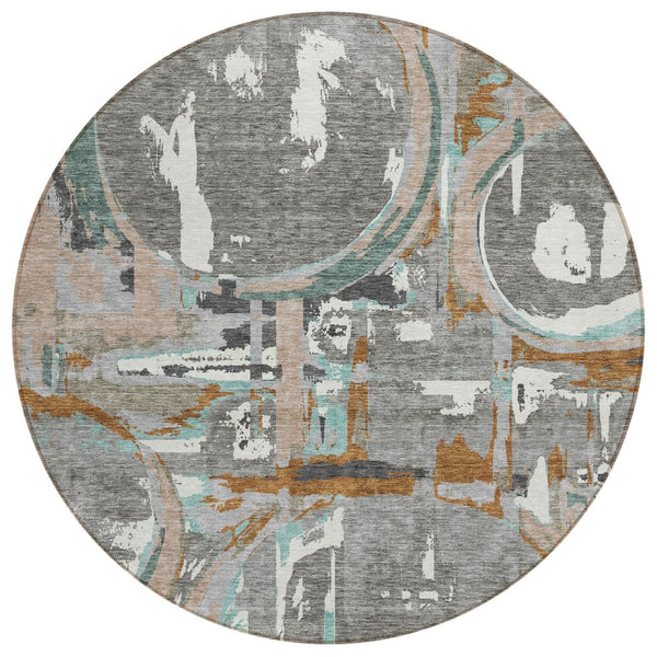 HomeRoots 5' Geometric Washable Indoor Outdoor Area Rug in Gray, Copper, and Mint Green for Modern Spaces 8' Round 589388