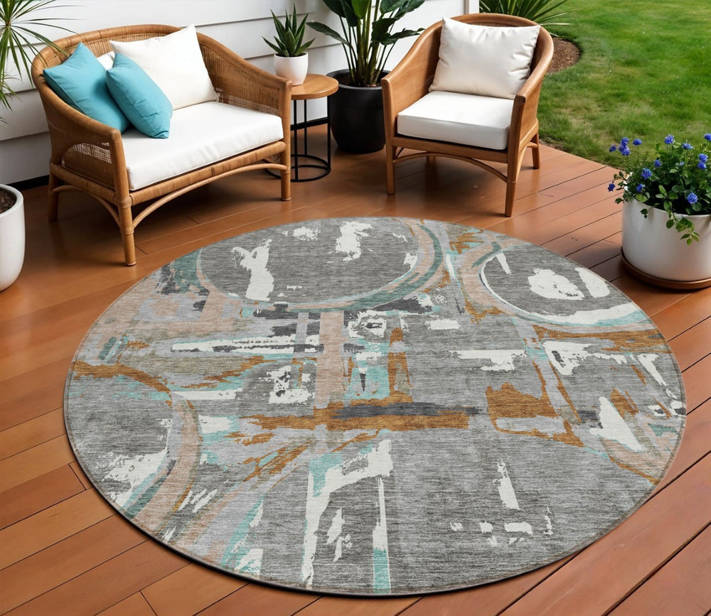 HomeRoots 5' Geometric Washable Indoor Outdoor Area Rug in Gray, Copper, and Mint Green for Modern Spaces 8' Round 589388