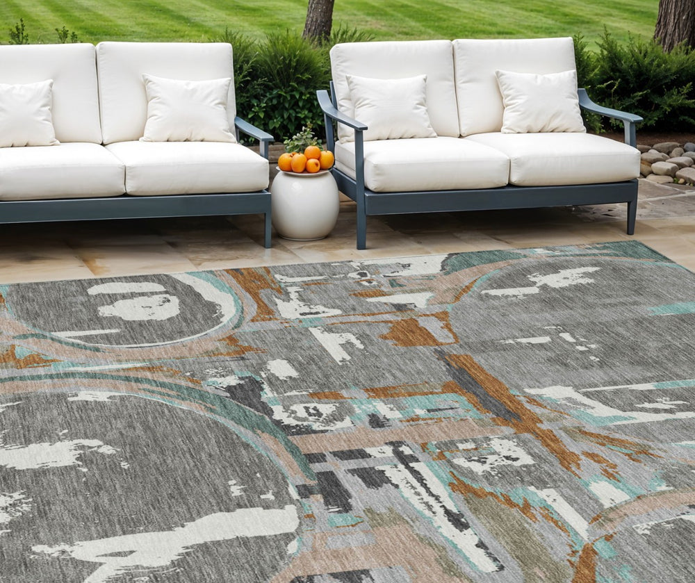 HomeRoots 9' Stylish Gray Copper and Mint Green Geometric Area Rug - Washable, Indoor-Outdoor Durable Design 9' X 12' 589390
