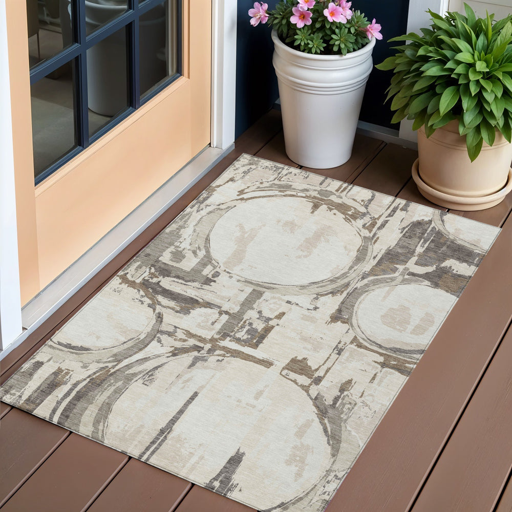 Homeroots 3' Beige Brown And Copper Geometric Washable Indoor Outdoor Area Rug For Versatile Spaces 3' X 5' Polyester 589392
