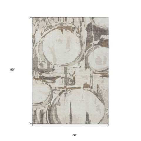 Homeroots 3' Beige Brown And Copper Geometric Washable Indoor Outdoor Area Rug For Versatile Spaces 5' X 8' Polyester 589393