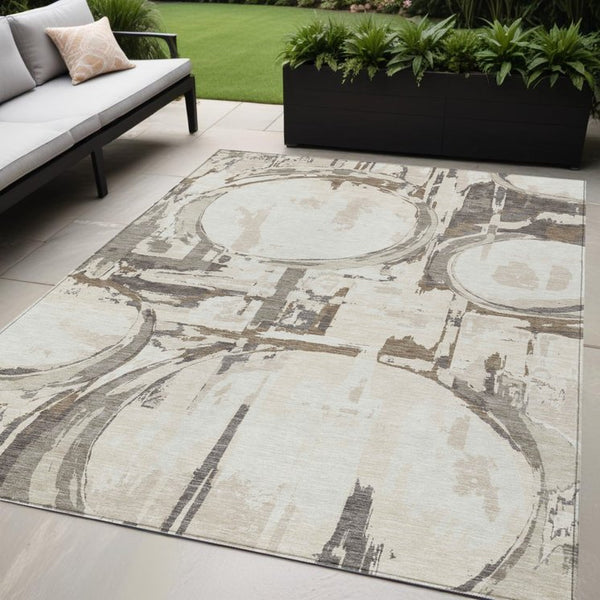 Homeroots 3' Beige Brown And Copper Geometric Washable Indoor Outdoor Area Rug For Versatile Spaces 5' X 8' Polyester 589393