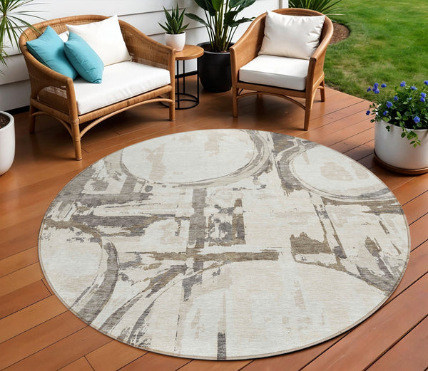 Homeroots 3' Beige Brown And Copper Geometric Washable Indoor Outdoor Area Rug For Versatile Spaces 8' Round Polyester 589394