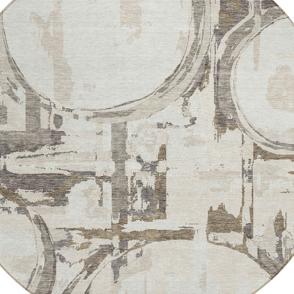 Homeroots 3' Beige Brown And Copper Geometric Washable Indoor Outdoor Area Rug For Versatile Spaces 8' Round Polyester 589394