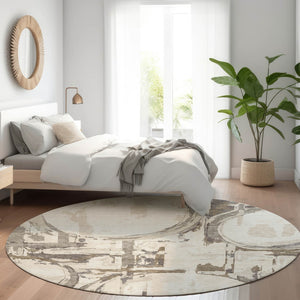 Homeroots 3' Beige Brown And Copper Geometric Washable Indoor Outdoor Area Rug For Versatile Spaces 8' Round Polyester 589394