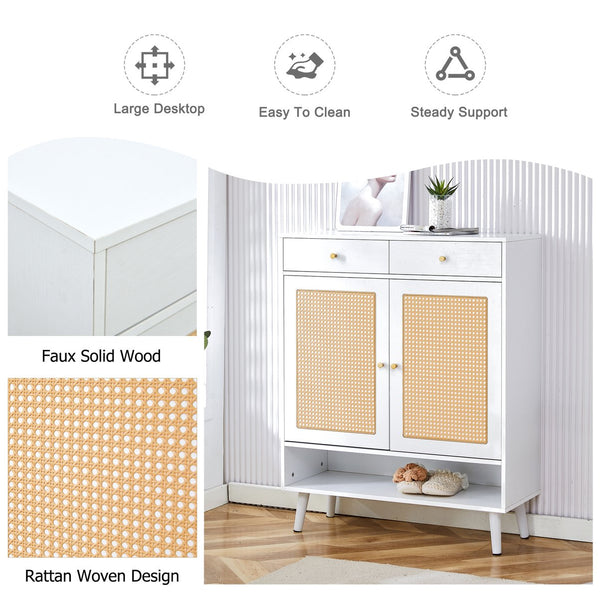 English Elm Modern white storage cabinet with vine rattan design, MDF shoe & bedside organizer, quick assembly, sleek decor W1151P151509