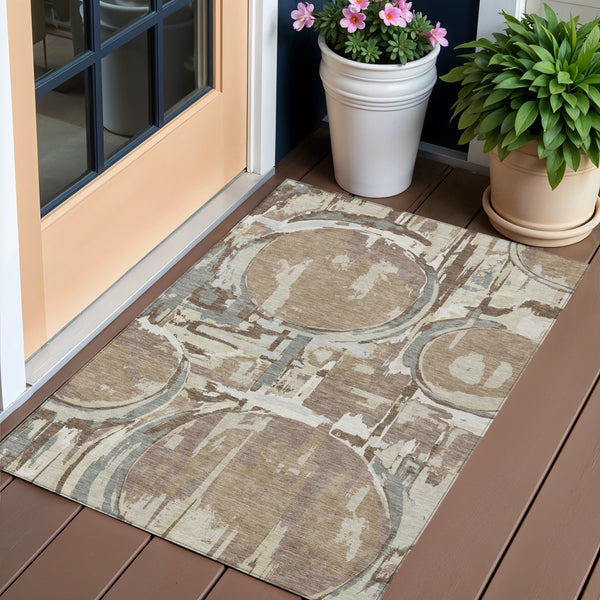 Homeroots 3' Beige Brown And Copper Geometric Washable Indoor Outdoor Area Rug For Versatile Spaces 3' X 5' Polyester 589404