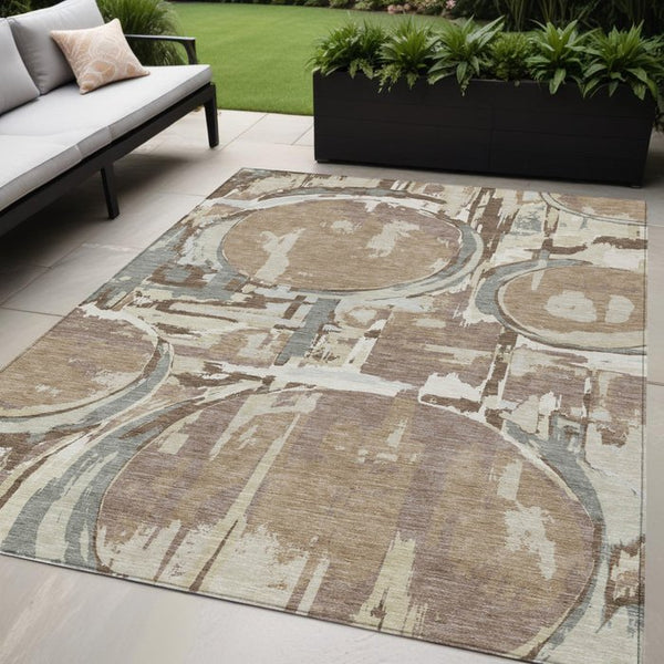 Homeroots 3' Beige Brown And Copper Geometric Washable Indoor Outdoor Area Rug For Versatile Spaces 5' X 8' Polyester 589405