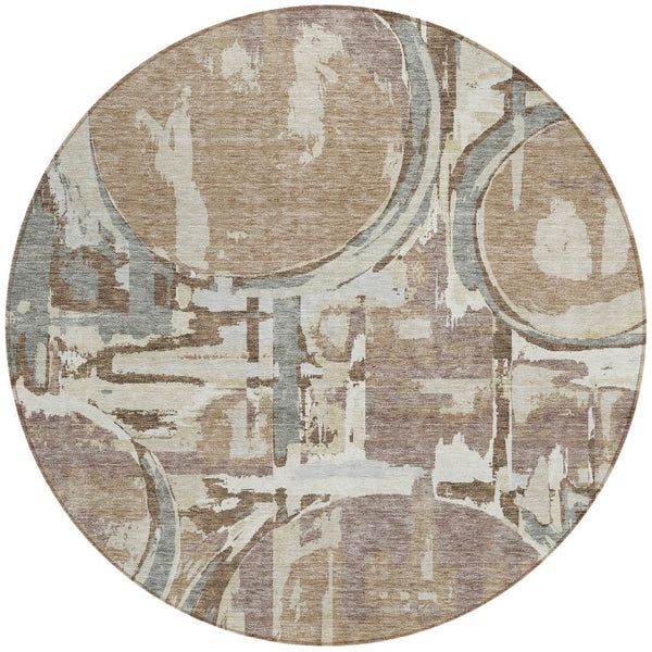 Homeroots 3' Beige Brown And Copper Geometric Washable Indoor Outdoor Area Rug For Versatile Spaces 8' Round Polyester 589406