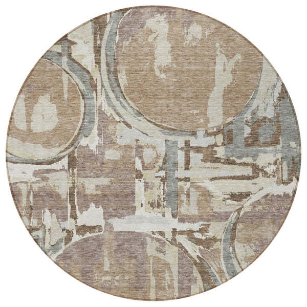 Homeroots 3' Beige Brown And Copper Geometric Washable Indoor Outdoor Area Rug For Versatile Spaces 8' Round Polyester 589406