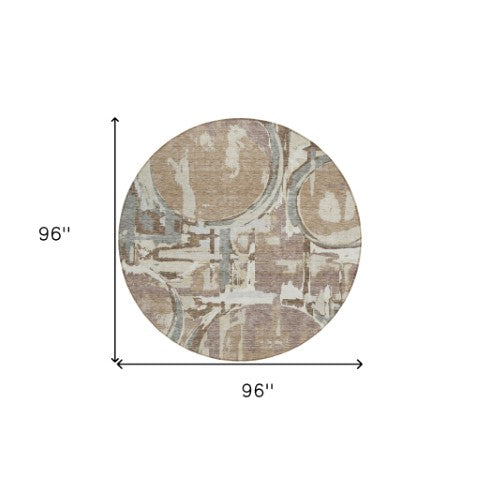 Homeroots 3' Beige Brown And Copper Geometric Washable Indoor Outdoor Area Rug For Versatile Spaces 8' Round Polyester 589406