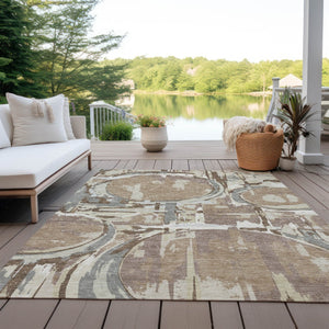 Homeroots 3' Beige Brown And Copper Geometric Washable Indoor Outdoor Area Rug For Versatile Spaces 10' X 14' Polyester 589409