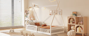 English Elm Twin House Bed with Roof and Fence for Kids – Sturdy Pine Frame, Vintage Wash Design, Safe Sleep Space White N709P183348K