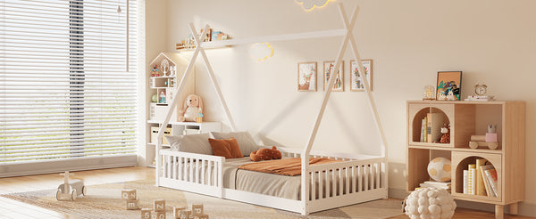 English Elm Twin House Bed with Roof and Fence for Kids – Sturdy Pine Frame, Vintage Wash Design, Safe Sleep Space White N709P183348K