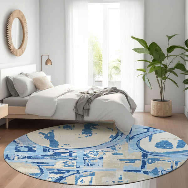 Homeroots 3' Beige Brown And Copper Geometric Washable Indoor Outdoor Area Rug For Versatile Spaces 8' Round Polyester 589424