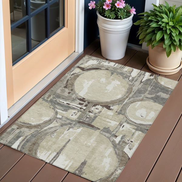 Homeroots 3' Beige Brown And Copper Geometric Washable Indoor Outdoor Area Rug For Versatile Spaces 3' X 5' Polyester 589428