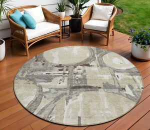 Homeroots 3' Beige Brown And Copper Geometric Washable Indoor Outdoor Area Rug For Versatile Spaces 8' Round Polyester 589430