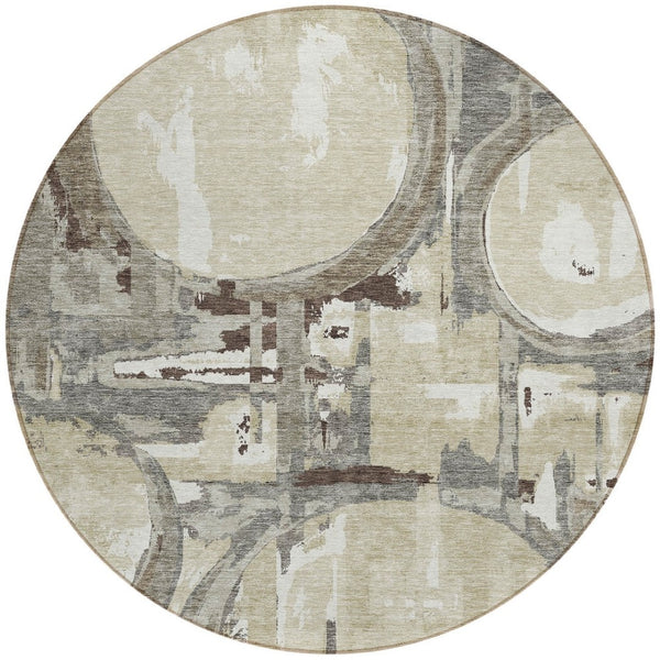 Homeroots 3' Beige Brown And Copper Geometric Washable Indoor Outdoor Area Rug For Versatile Spaces 8' Round Polyester 589430