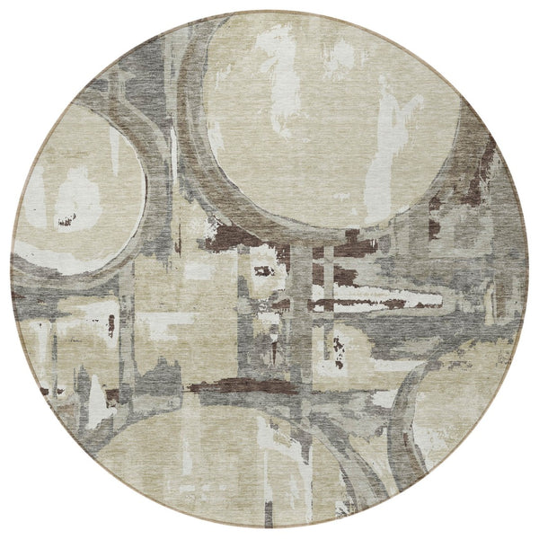 Homeroots 3' Beige Brown And Copper Geometric Washable Indoor Outdoor Area Rug For Versatile Spaces 8' Round Polyester 589430