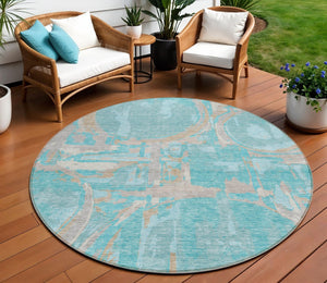 HomeRoots 5' Geometric Teal Aqua Taupe Area Rug - Durable, Washable, Stylish for Indoor and Outdoor Spaces 8' Round 589436