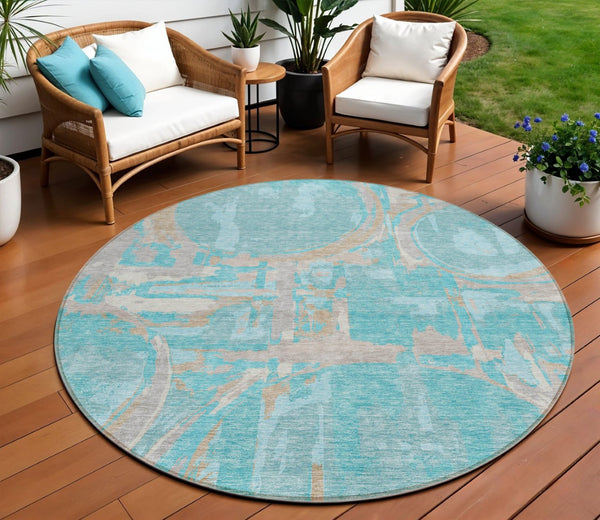 HomeRoots 5' Geometric Teal Aqua Taupe Area Rug - Durable, Washable, Stylish for Indoor and Outdoor Spaces 8' Round 589436