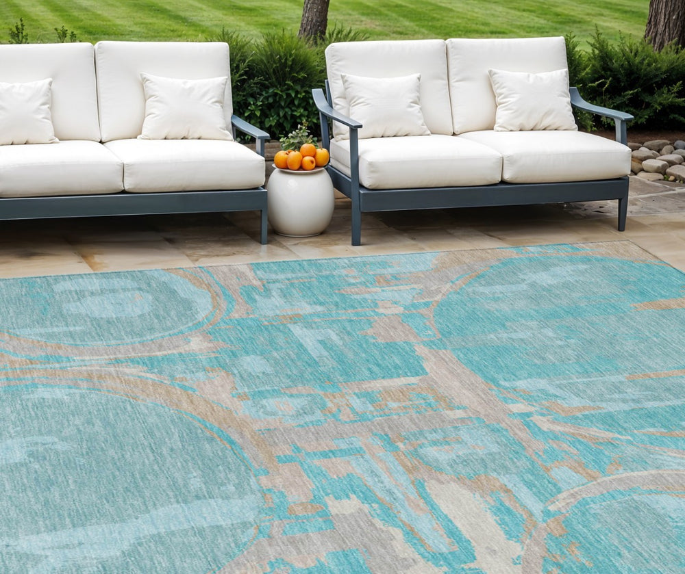 HomeRoots 9' Teal Blue Aqua Taupe Geometric Area Rug – Durable, Washable, Indoor/Outdoor Perfect for Modern Spaces 9' X 12' 589438