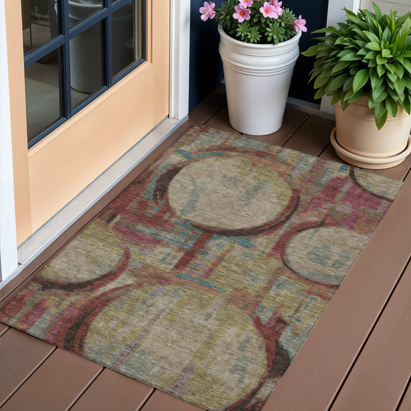 Homeroots 3' Beige Brown And Copper Geometric Washable Indoor Outdoor Area Rug For Versatile Spaces 3' X 5' Polyester 589440