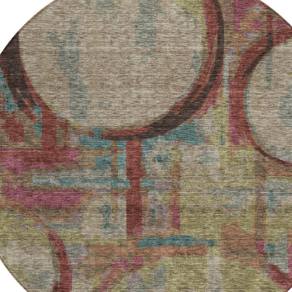 Homeroots 3' Beige Brown And Copper Geometric Washable Indoor Outdoor Area Rug For Versatile Spaces 8' Round Polyester 589442