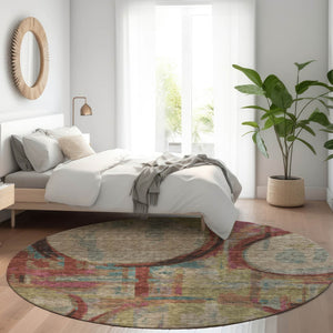 Homeroots 3' Beige Brown And Copper Geometric Washable Indoor Outdoor Area Rug For Versatile Spaces 8' Round Polyester 589442