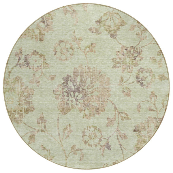 HomeRoots 5' Timeless Artichoke Green Floral Area Rug - Durable & Washable for Indoor/Outdoor Elegance 8' Round 589448
