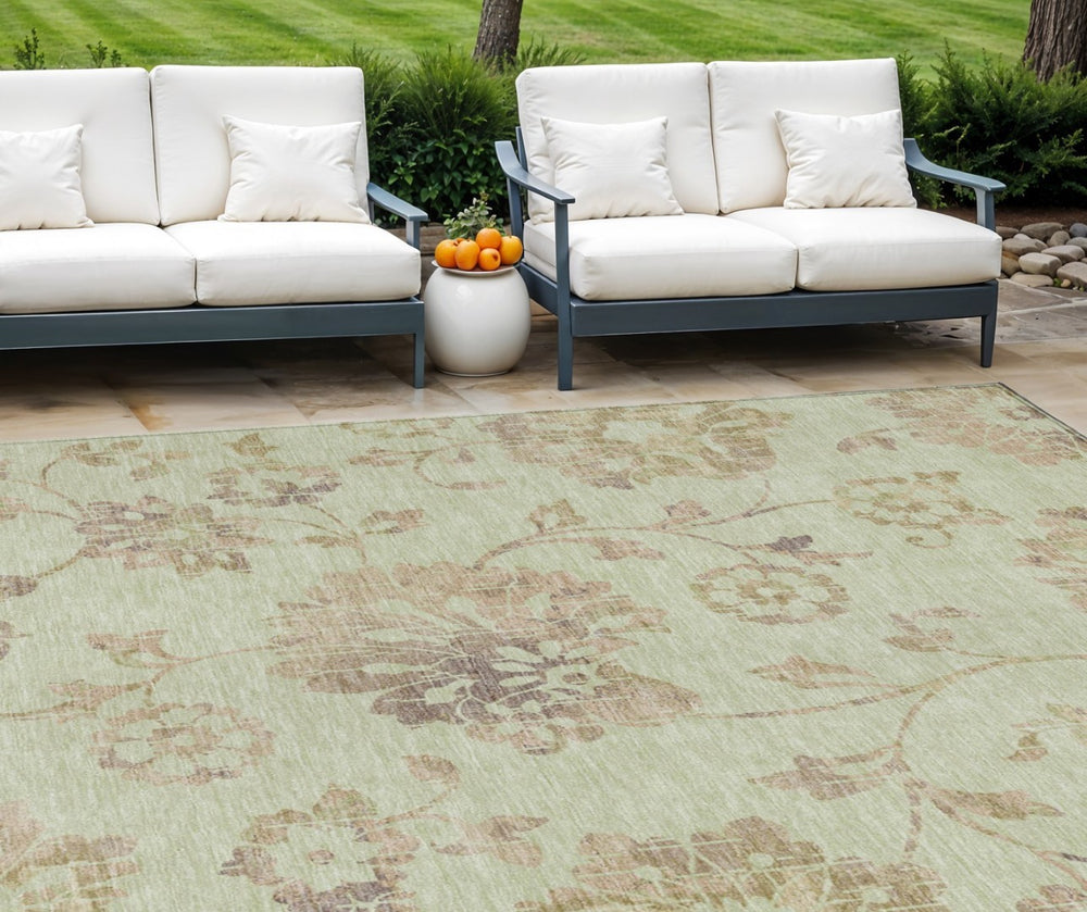 HomeRoots 9' Floral Washable Area Rug in Artichoke Green and Taupe – Perfect for Indoor and Outdoor Spaces 9' X 12' 589450