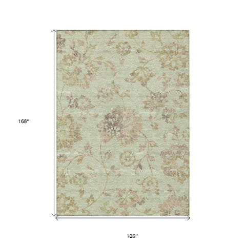 Homeroots 3' Artichoke Green Floral Washable Area Rug – Stylish, Durable, Perfect For Indoor & Outdoor Spaces 10' X 14' Polyester 589451