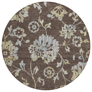 HomeRoots 5' Floral Area Rug in Chocolate, Sky Blue & Artichoke Green - Durable, Washable for Indoor/Outdoor Use 8' Round 589460
