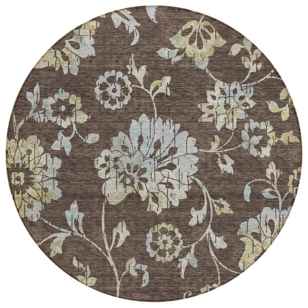 HomeRoots 5' Floral Area Rug in Chocolate, Sky Blue & Artichoke Green - Durable, Washable for Indoor/Outdoor Use 8' Round 589460