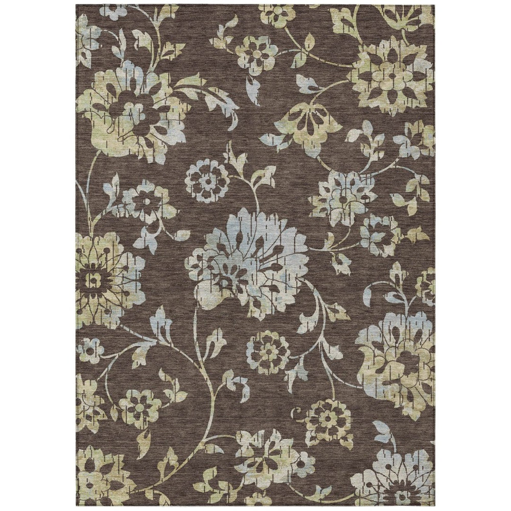 HomeRoots 5' Floral Area Rug in Chocolate, Sky Blue & Artichoke Green - Durable, Washable for Indoor/Outdoor Use 10' X 14' 589463