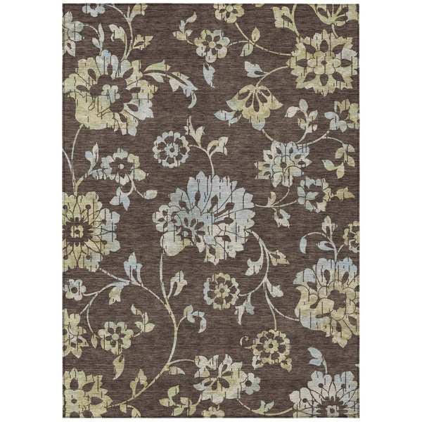 HomeRoots 5' Floral Area Rug in Chocolate, Sky Blue & Artichoke Green - Durable, Washable for Indoor/Outdoor Use 10' X 14' 589463