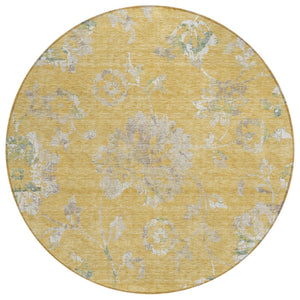 HomeRoots 5' Timeless Floral Washable Area Rug - Durable Indoor/Outdoor Design in Gold Beige & Fern Green 8' Round 589466