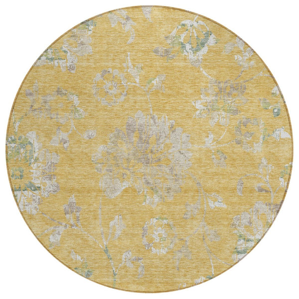 HomeRoots 5' Timeless Floral Washable Area Rug - Durable Indoor/Outdoor Design in Gold Beige & Fern Green 8' Round 589466