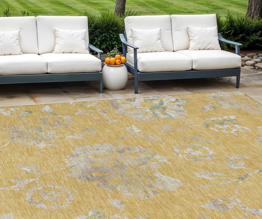 HomeRoots 5' Timeless Floral Washable Area Rug - Durable Indoor/Outdoor Design in Gold Beige & Fern Green 10' X 14' 589469