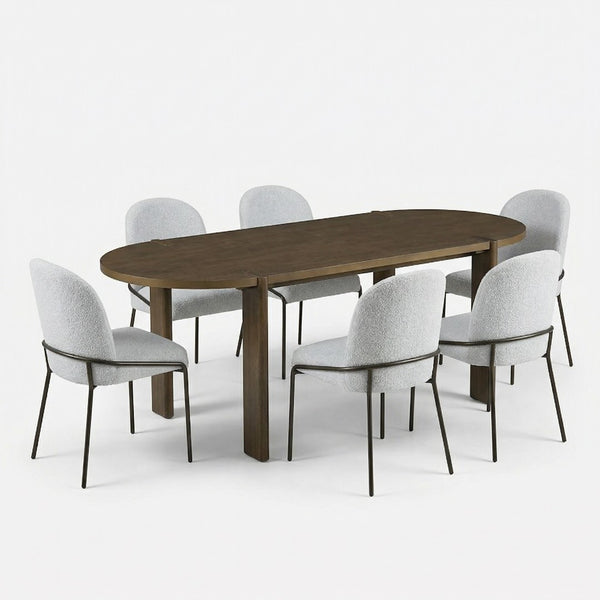 English Elm 7 Piece Oval Rubberwood Dining Set Seats Six with Upholstered Gray Farmhouse Chairs N762P396360D_N762P288935E6