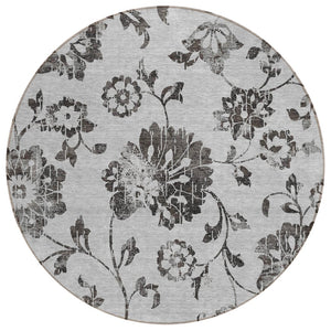 HomeRoots 5' Gray Charcoal and Silver Floral Area Rug - Stylish, Durable, Machine-Washable for Indoor or Outdoor Use 8' Round 589472