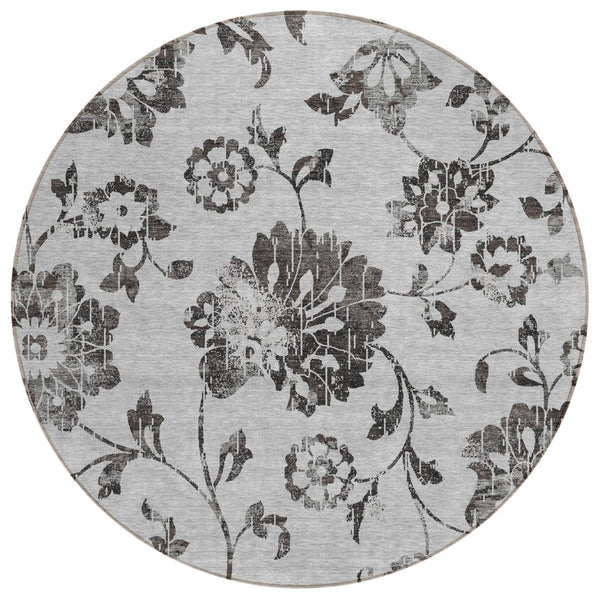 HomeRoots 5' Gray Charcoal and Silver Floral Area Rug - Stylish, Durable, Machine-Washable for Indoor or Outdoor Use 8' Round 589472