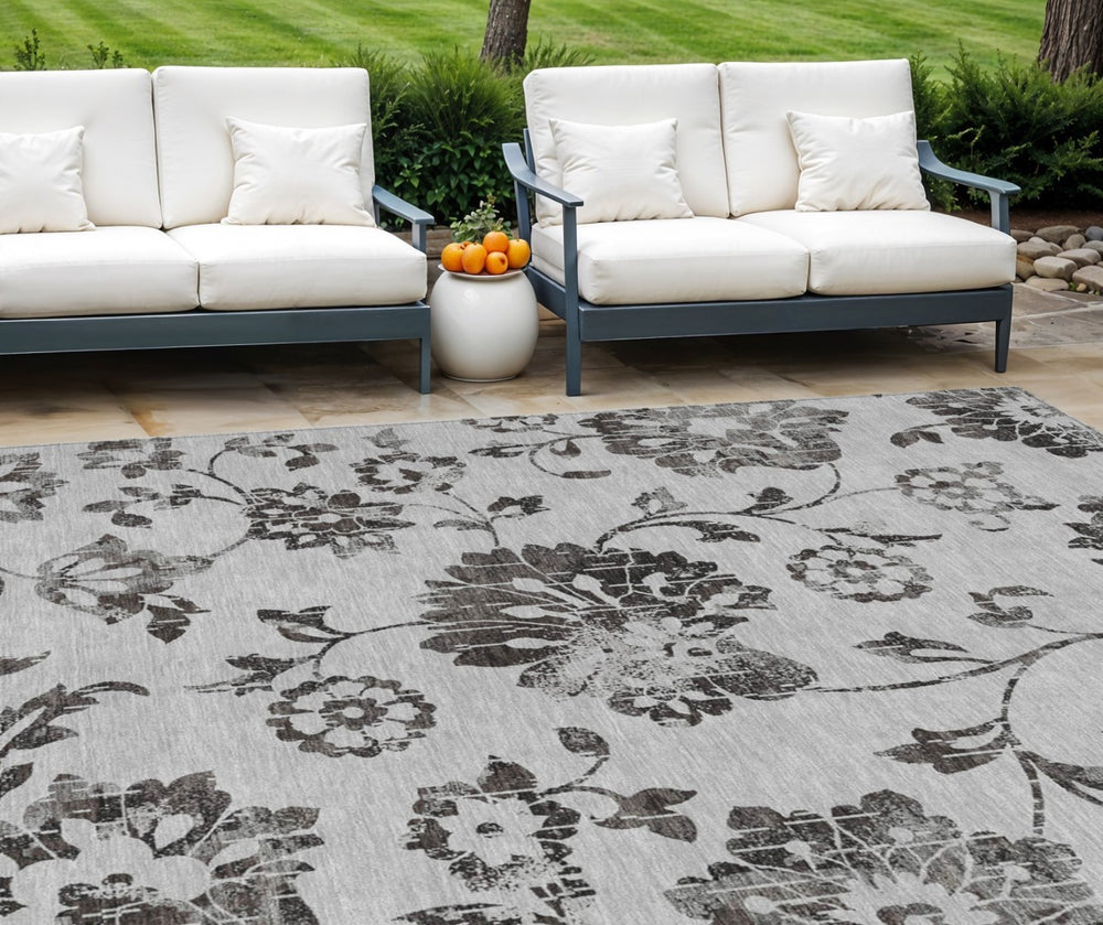 HomeRoots 9' Elegant Gray Charcoal and Silver Floral Area Rug - Durable, Washable for Indoor and Outdoor Use 9' X 12' 589474