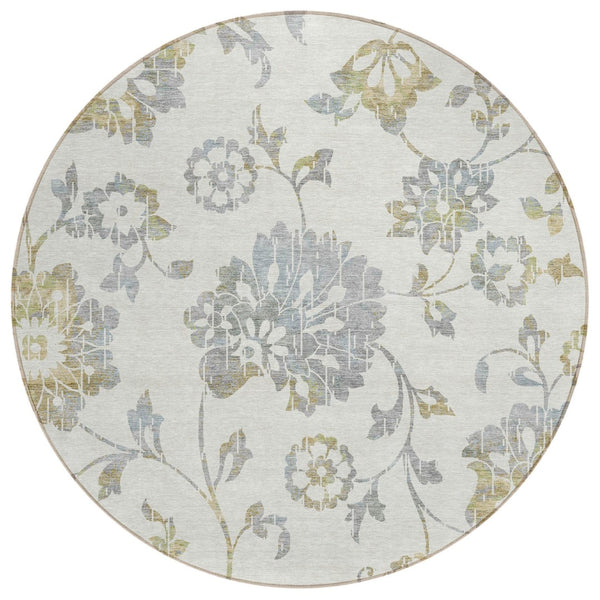HomeRoots 5' Elegant Ivory Gray Gold Floral Area Rug – Durable, Washable, Indoor Outdoor Versatility for Any Space 8' Round 589478